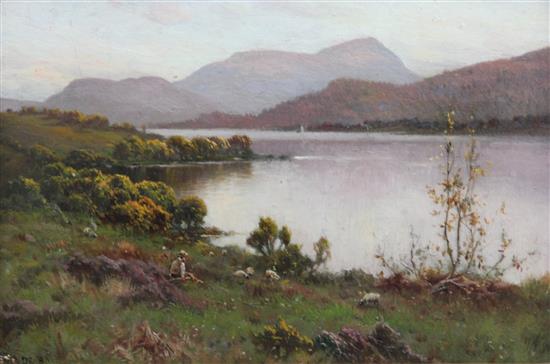 Alfred de Breanski Jnr. (1877-1955) Shepherd and flock beside a lake, 8 x 12in.